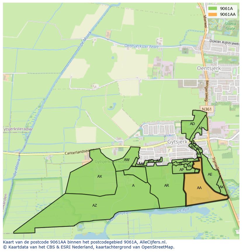 Afbeelding van het postcodegebied 9061 AA op de kaart.