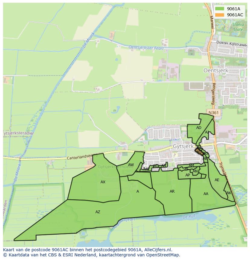 Afbeelding van het postcodegebied 9061 AC op de kaart.
