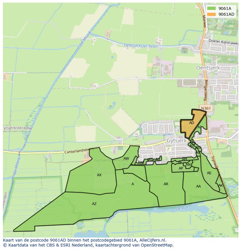 Afbeelding van het postcodegebied 9061 AD op de kaart.