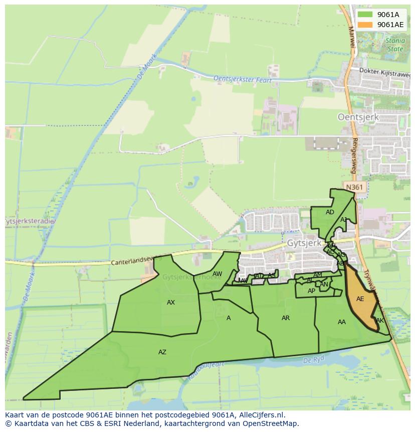 Afbeelding van het postcodegebied 9061 AE op de kaart.