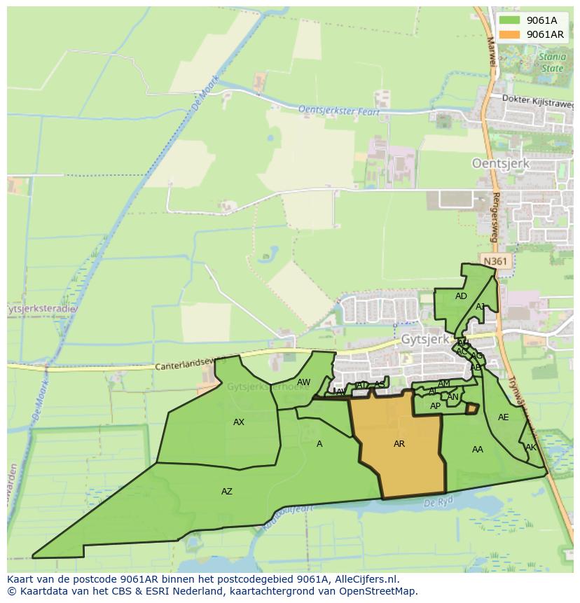 Afbeelding van het postcodegebied 9061 AR op de kaart.