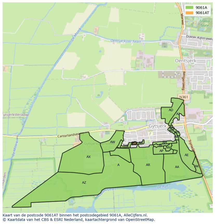 Afbeelding van het postcodegebied 9061 AT op de kaart.