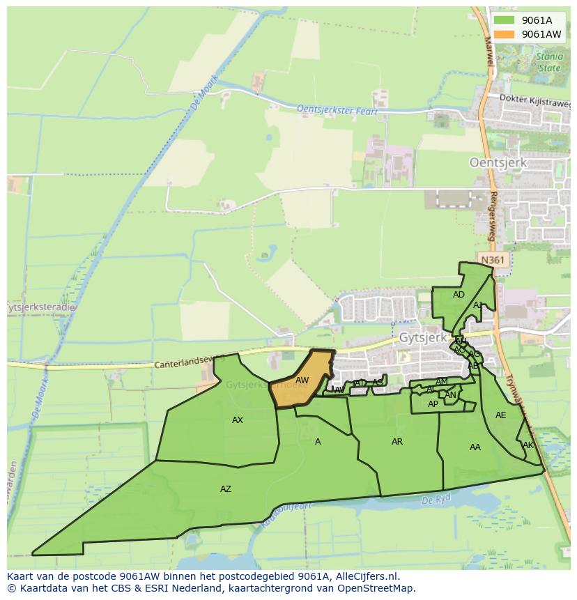 Afbeelding van het postcodegebied 9061 AW op de kaart.