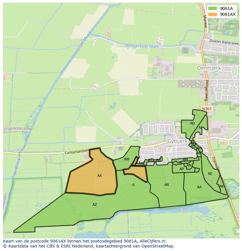 Afbeelding van het postcodegebied 9061 AX op de kaart.
