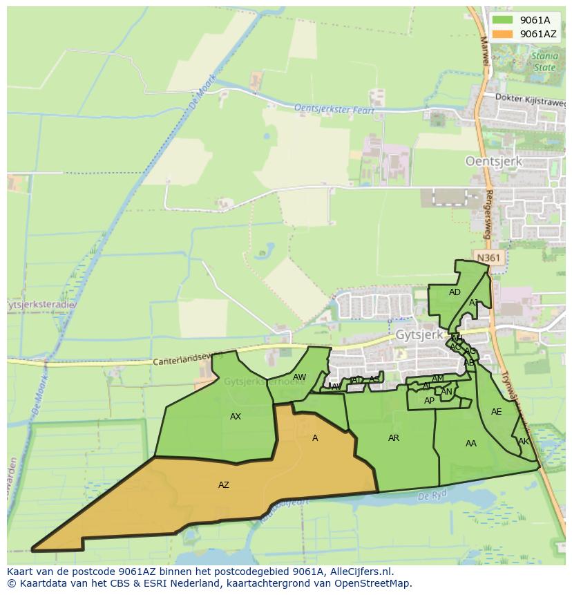Afbeelding van het postcodegebied 9061 AZ op de kaart.