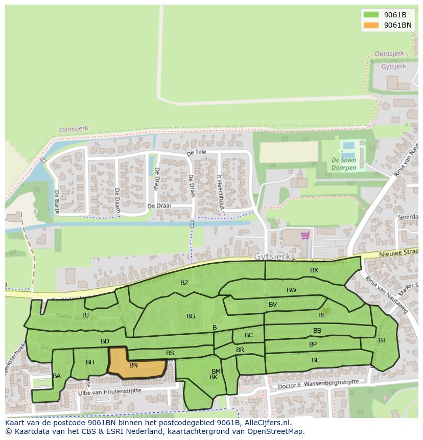 Afbeelding van het postcodegebied 9061 BN op de kaart.