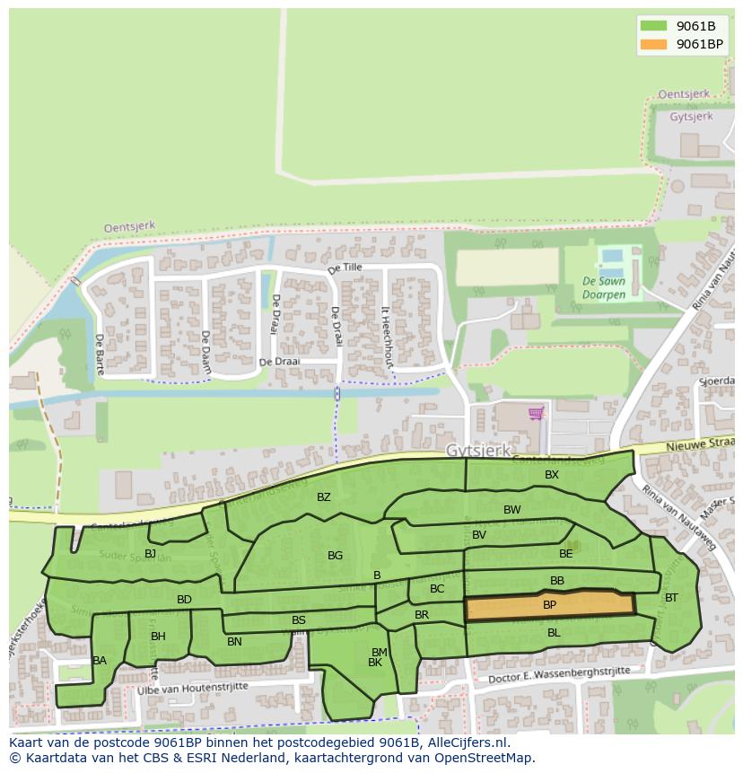 Afbeelding van het postcodegebied 9061 BP op de kaart.