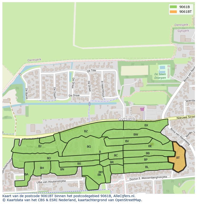Afbeelding van het postcodegebied 9061 BT op de kaart.