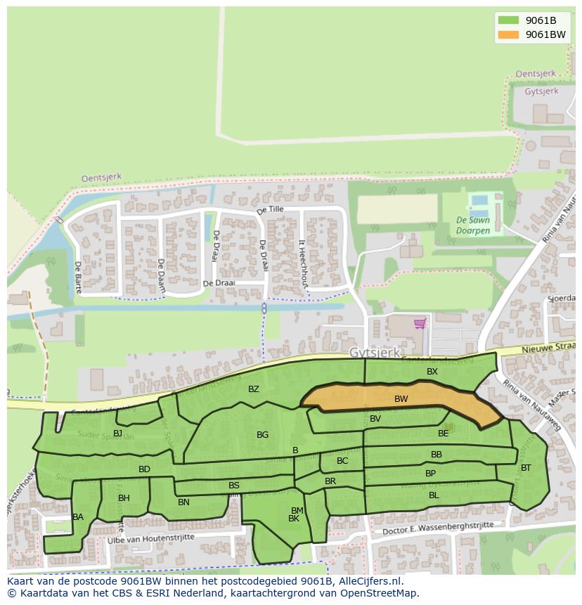 Afbeelding van het postcodegebied 9061 BW op de kaart.