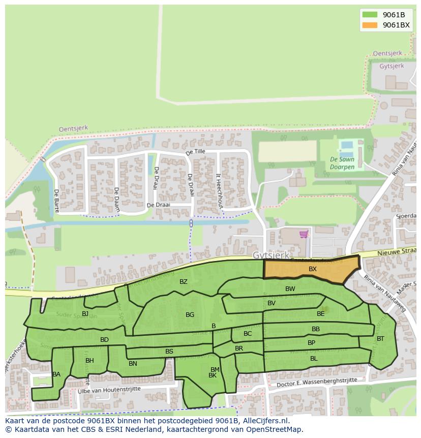 Afbeelding van het postcodegebied 9061 BX op de kaart.
