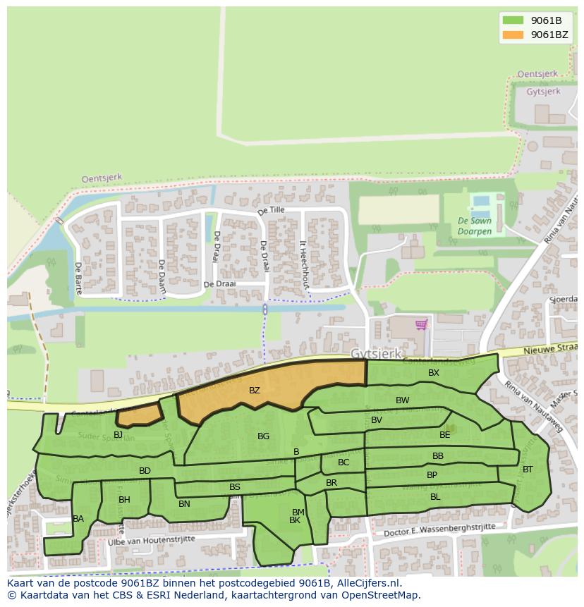Afbeelding van het postcodegebied 9061 BZ op de kaart.