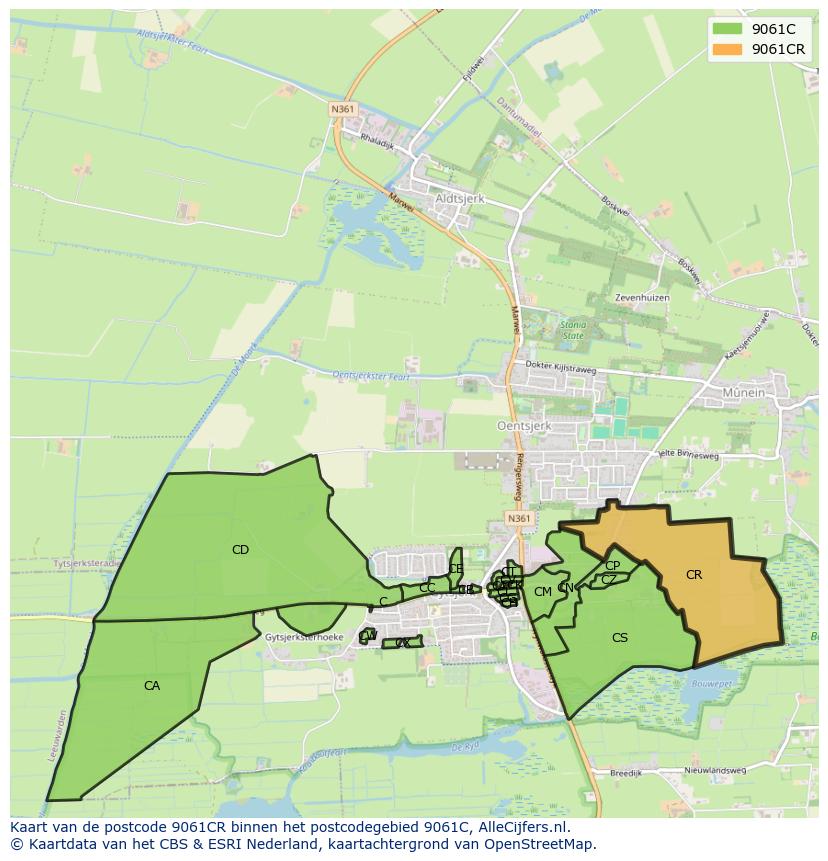 Afbeelding van het postcodegebied 9061 CR op de kaart.
