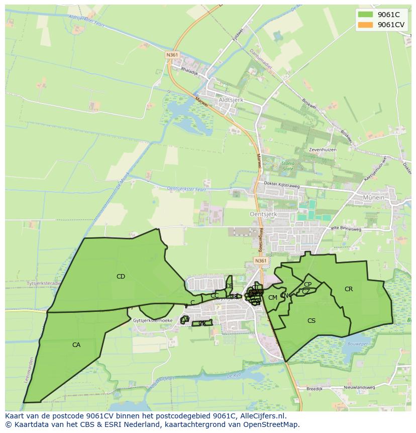 Afbeelding van het postcodegebied 9061 CV op de kaart.