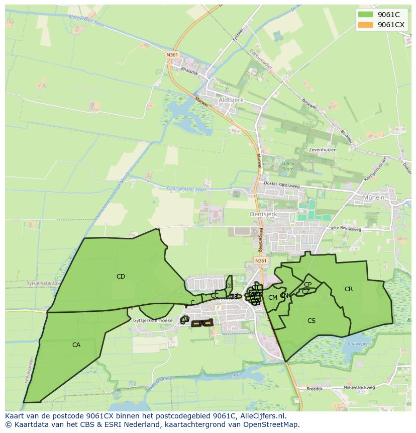 Afbeelding van het postcodegebied 9061 CX op de kaart.