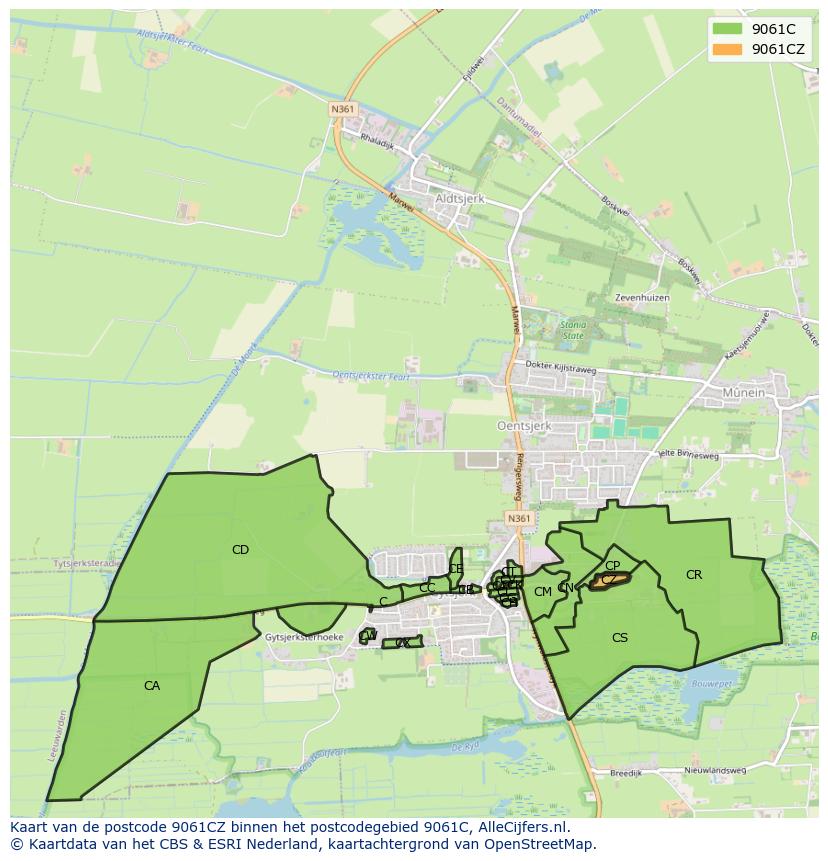 Afbeelding van het postcodegebied 9061 CZ op de kaart.