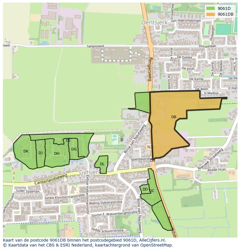 Afbeelding van het postcodegebied 9061 DB op de kaart.