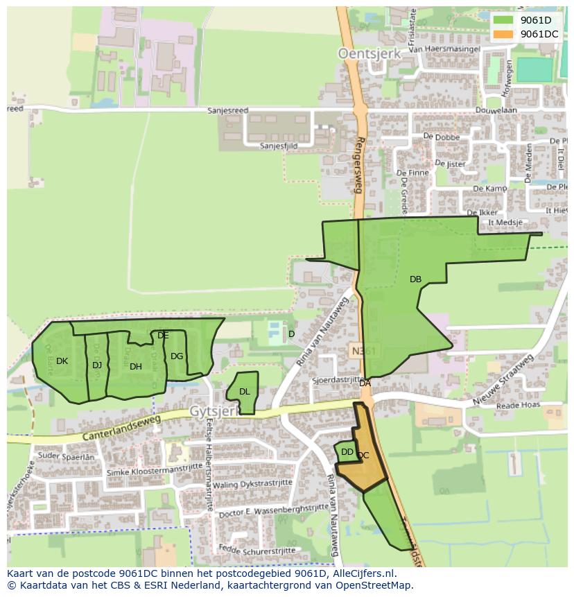 Afbeelding van het postcodegebied 9061 DC op de kaart.