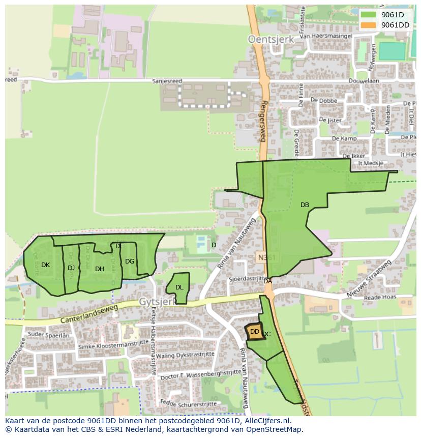 Afbeelding van het postcodegebied 9061 DD op de kaart.