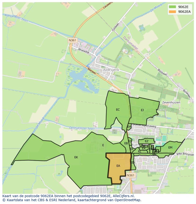 Afbeelding van het postcodegebied 9062 EA op de kaart.