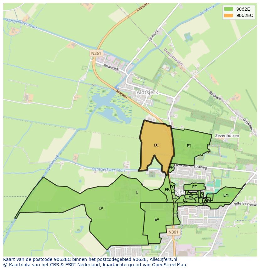 Afbeelding van het postcodegebied 9062 EC op de kaart.