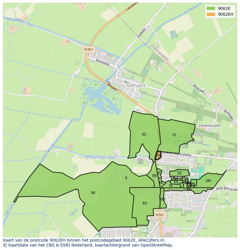 Afbeelding van het postcodegebied 9062 EH op de kaart.
