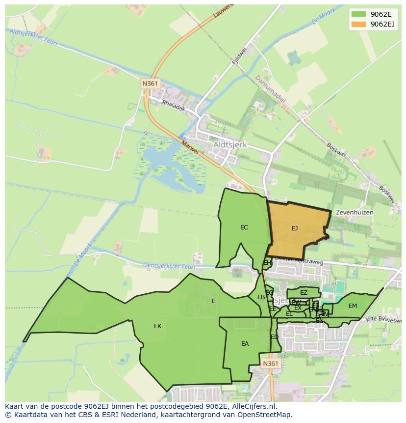 Afbeelding van het postcodegebied 9062 EJ op de kaart.