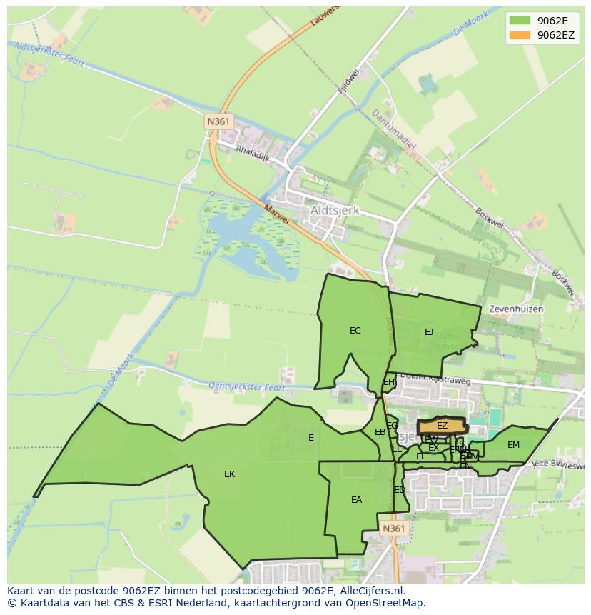 Afbeelding van het postcodegebied 9062 EZ op de kaart.