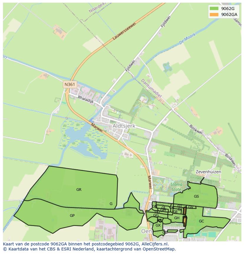 Afbeelding van het postcodegebied 9062 GA op de kaart.