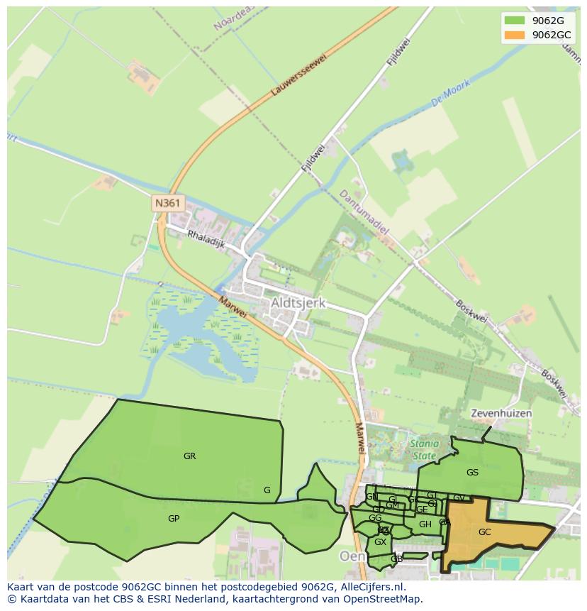Afbeelding van het postcodegebied 9062 GC op de kaart.