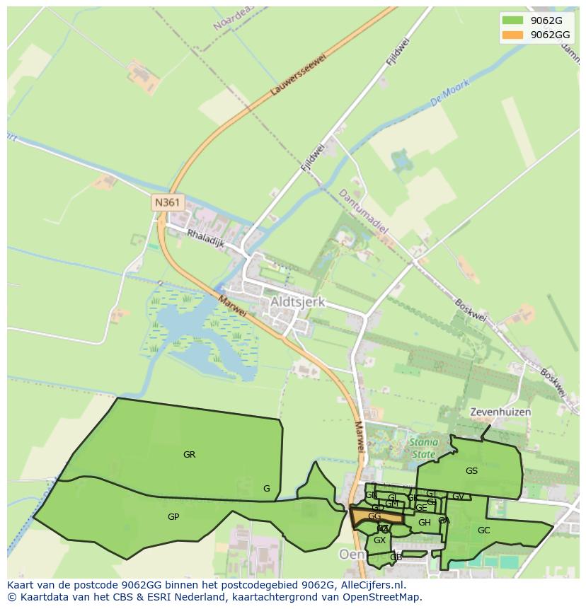 Afbeelding van het postcodegebied 9062 GG op de kaart.