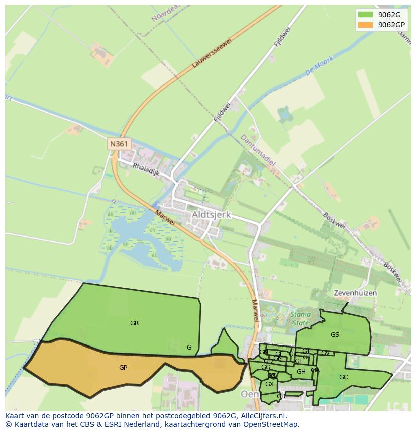 Afbeelding van het postcodegebied 9062 GP op de kaart.