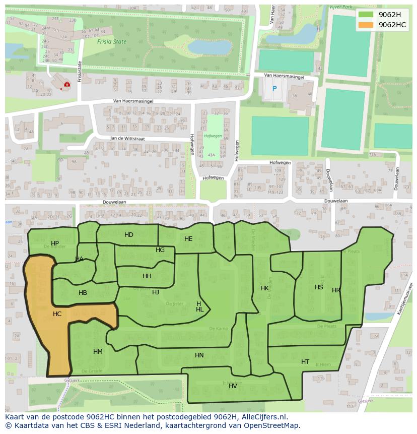 Afbeelding van het postcodegebied 9062 HC op de kaart.