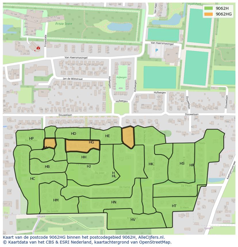 Afbeelding van het postcodegebied 9062 HG op de kaart.