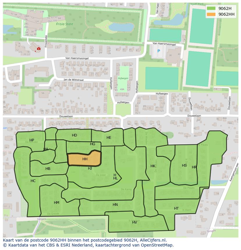 Afbeelding van het postcodegebied 9062 HH op de kaart.