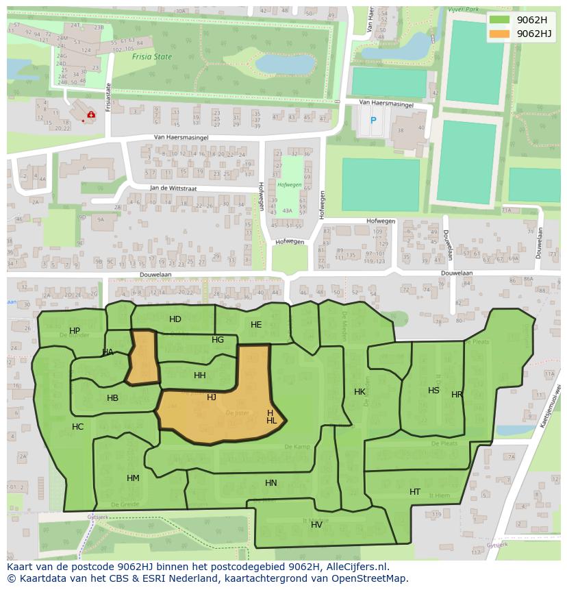 Afbeelding van het postcodegebied 9062 HJ op de kaart.