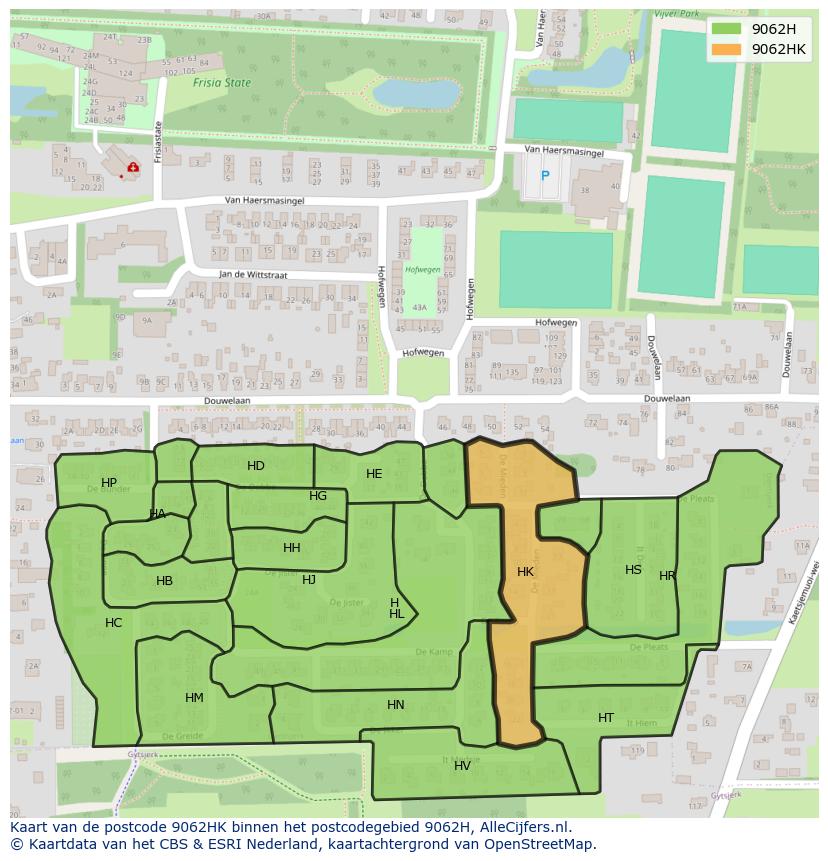 Afbeelding van het postcodegebied 9062 HK op de kaart.