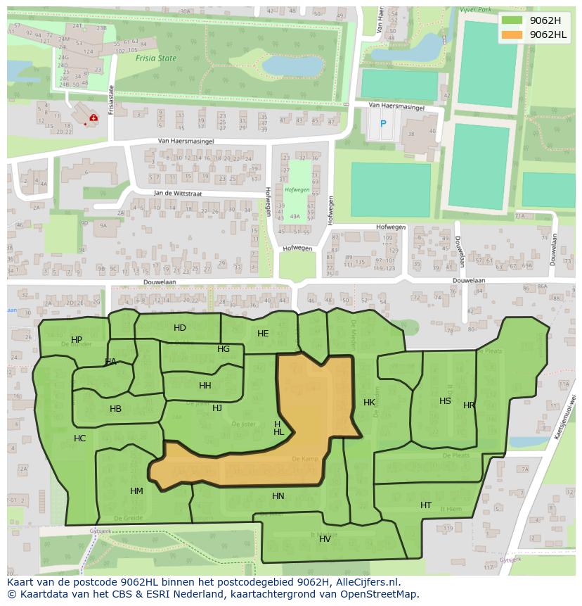 Afbeelding van het postcodegebied 9062 HL op de kaart.
