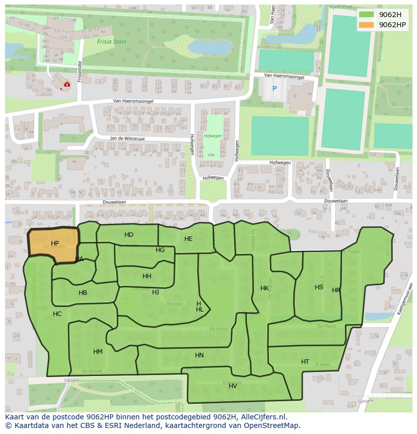Afbeelding van het postcodegebied 9062 HP op de kaart.