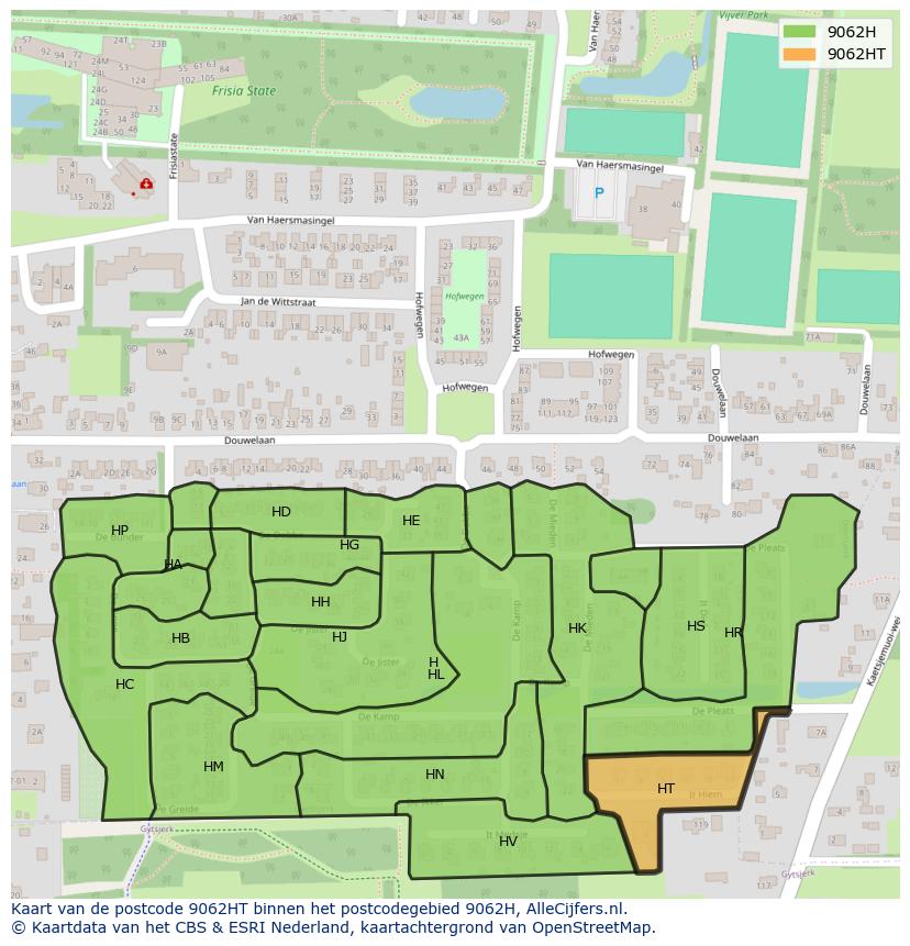 Afbeelding van het postcodegebied 9062 HT op de kaart.
