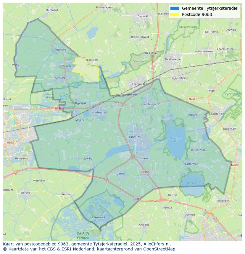 Afbeelding van het postcodegebied 9063 op de kaart.