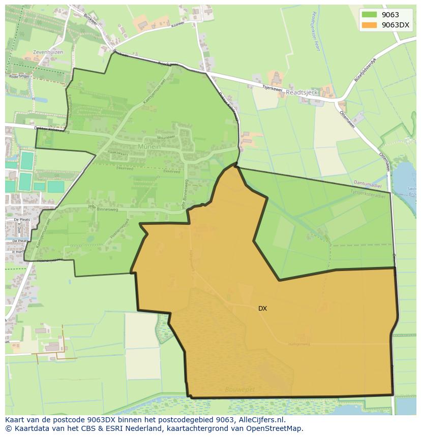 Afbeelding van het postcodegebied 9063 DX op de kaart.
