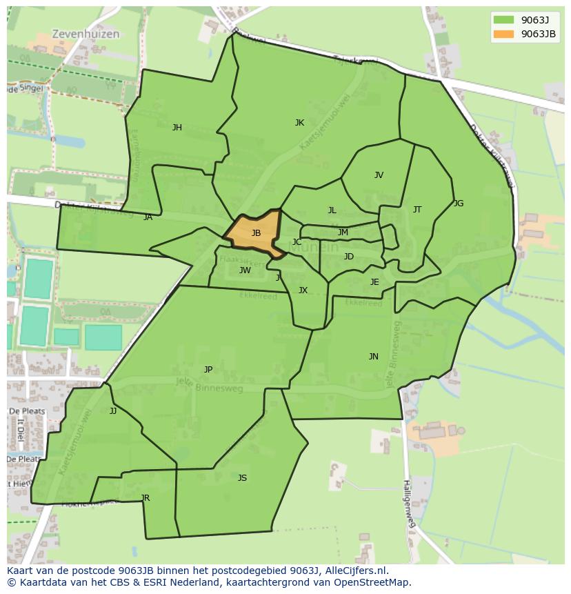 Afbeelding van het postcodegebied 9063 JB op de kaart.