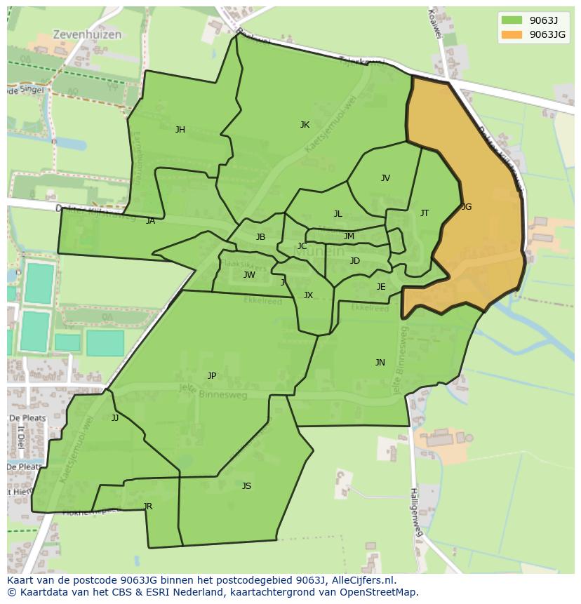 Afbeelding van het postcodegebied 9063 JG op de kaart.