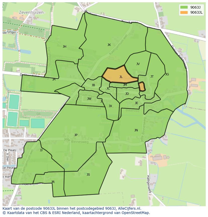 Afbeelding van het postcodegebied 9063 JL op de kaart.