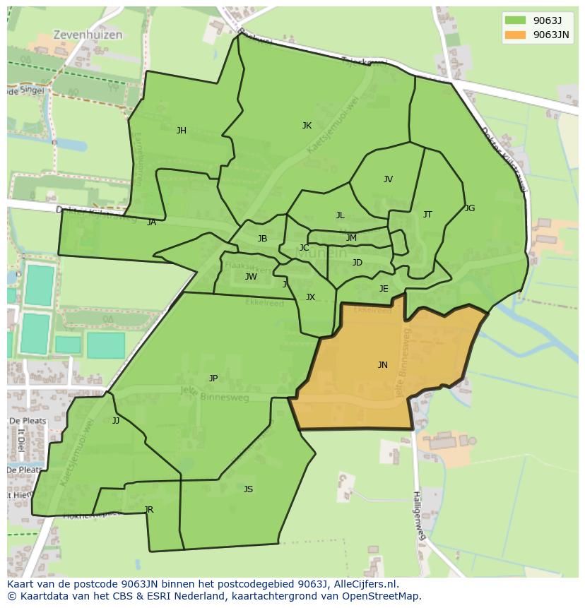 Afbeelding van het postcodegebied 9063 JN op de kaart.