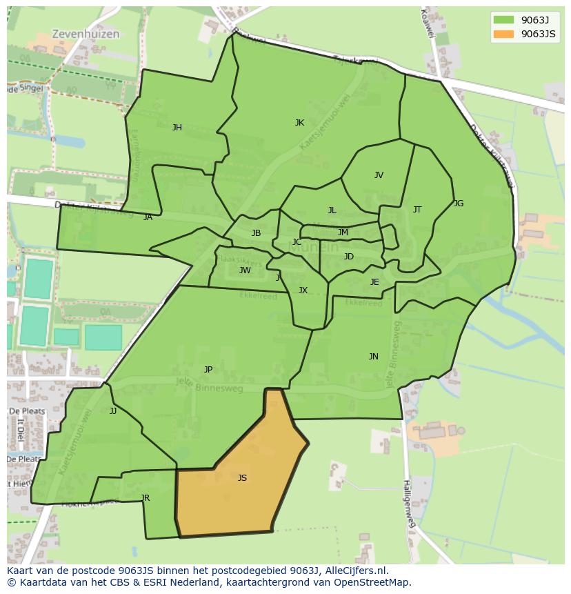 Afbeelding van het postcodegebied 9063 JS op de kaart.