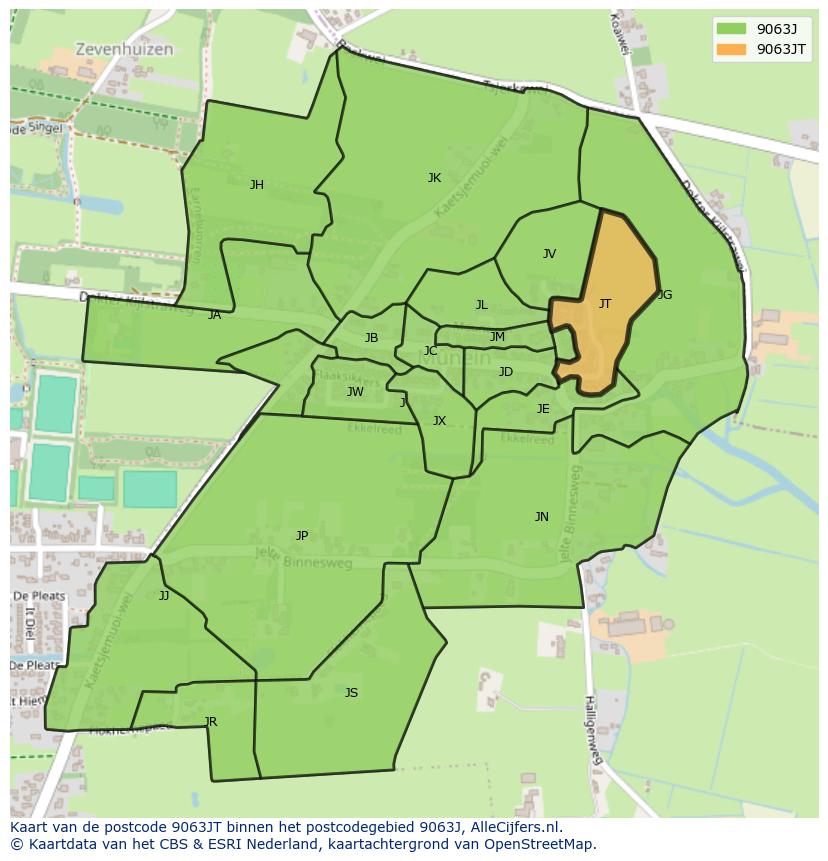 Afbeelding van het postcodegebied 9063 JT op de kaart.