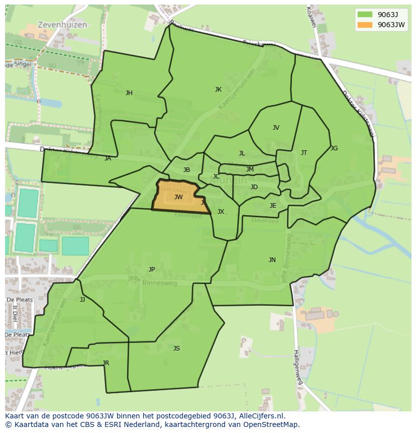 Afbeelding van het postcodegebied 9063 JW op de kaart.