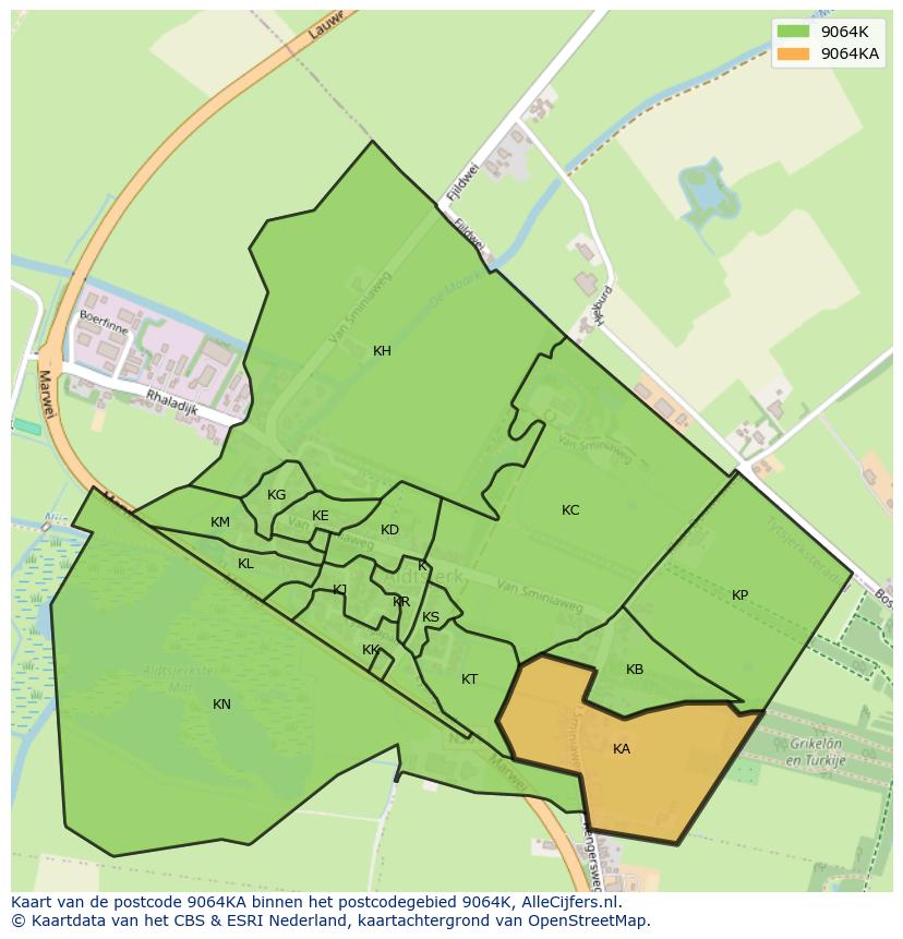 Afbeelding van het postcodegebied 9064 KA op de kaart.