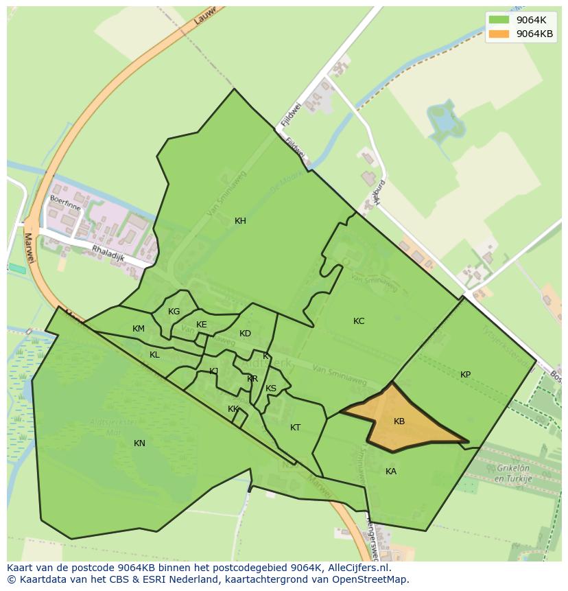 Afbeelding van het postcodegebied 9064 KB op de kaart.